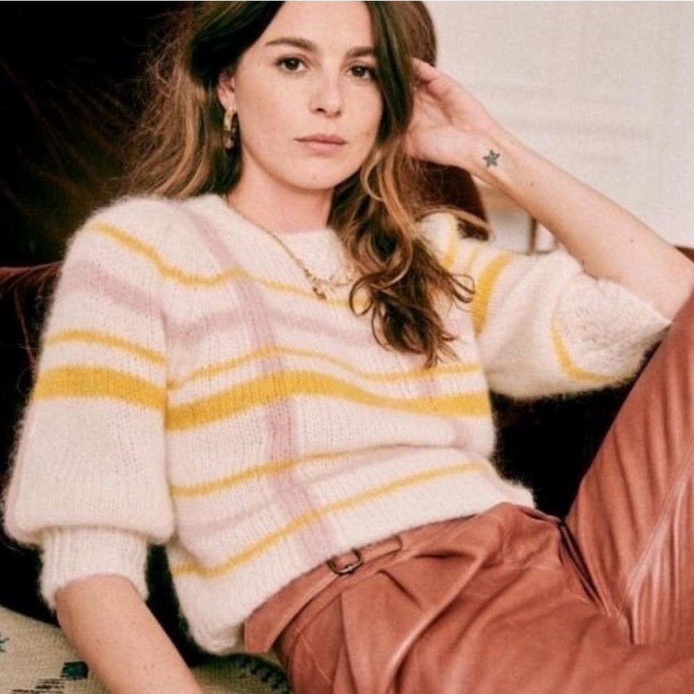 SEZANE Maddy Baby Alpaca Mohair Sweater Short Sleeve Cream Jumper Sweater XXL